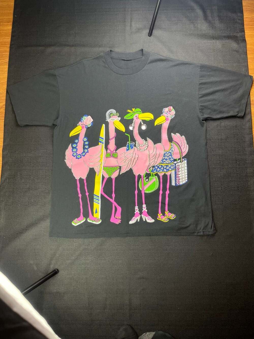 Vintage Flamingo Graphic Art T-Shirt Black Rhinestone